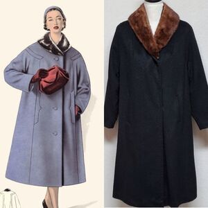 50s Vintage Lit Brothers Black Camel Hair  Auburn Mink Fur Collar Trench Coat